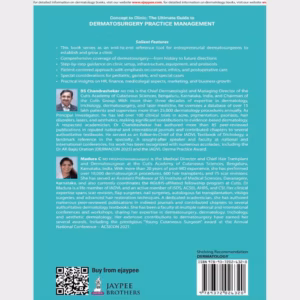 Back cover of Dermatosurgery Practice Management book highlighting clinic setup, clinical protocols, patient care, ethics, marketing, and practice growth