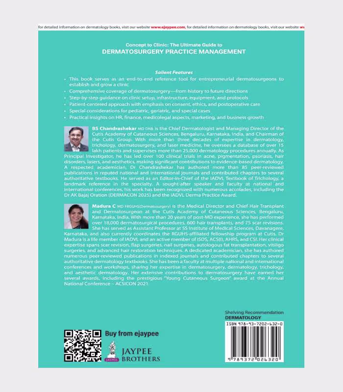 Back cover of Dermatosurgery Practice Management book highlighting clinic setup, clinical protocols, patient care, ethics, marketing, and practice growth